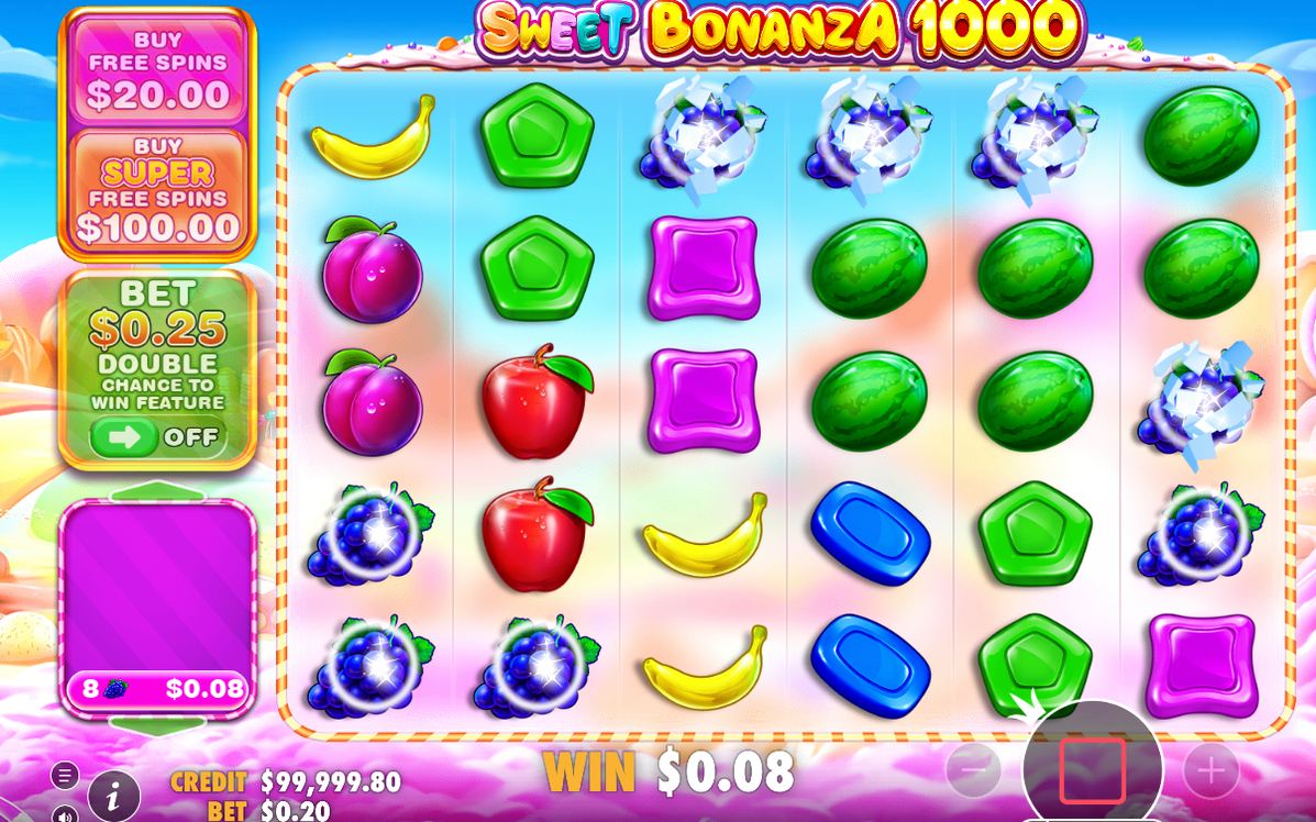 Candy and fruit symbols paying anywhere on six reels